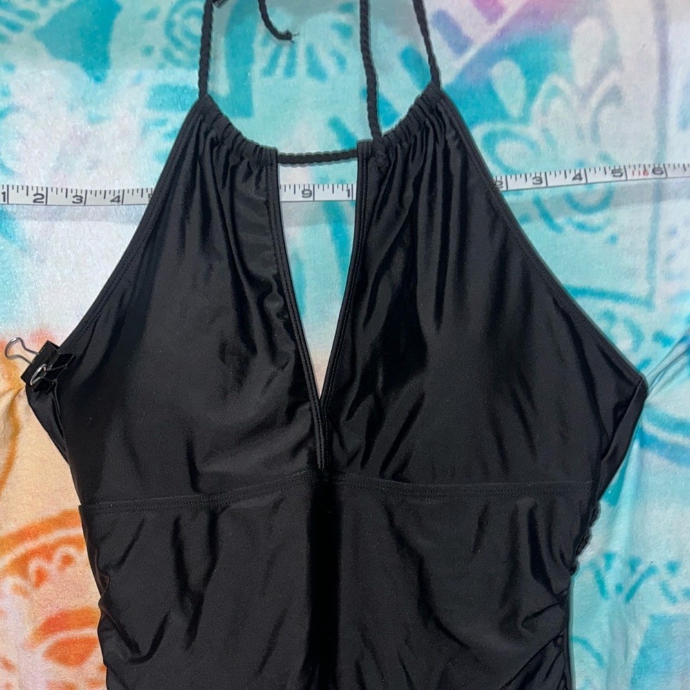 Black V-Neck w/Braided Straps One-Piece Swimsuit